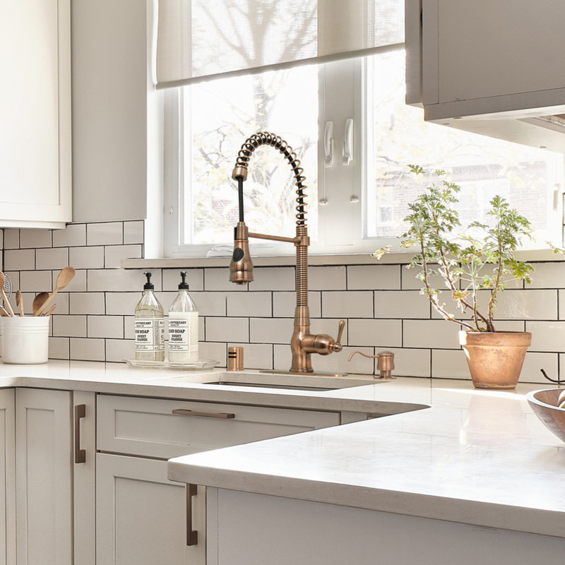 Copper Pull Down Kitchen Faucet with Soap Dispenser and Deck Plate, All in One, Faucets by Akicon Inc